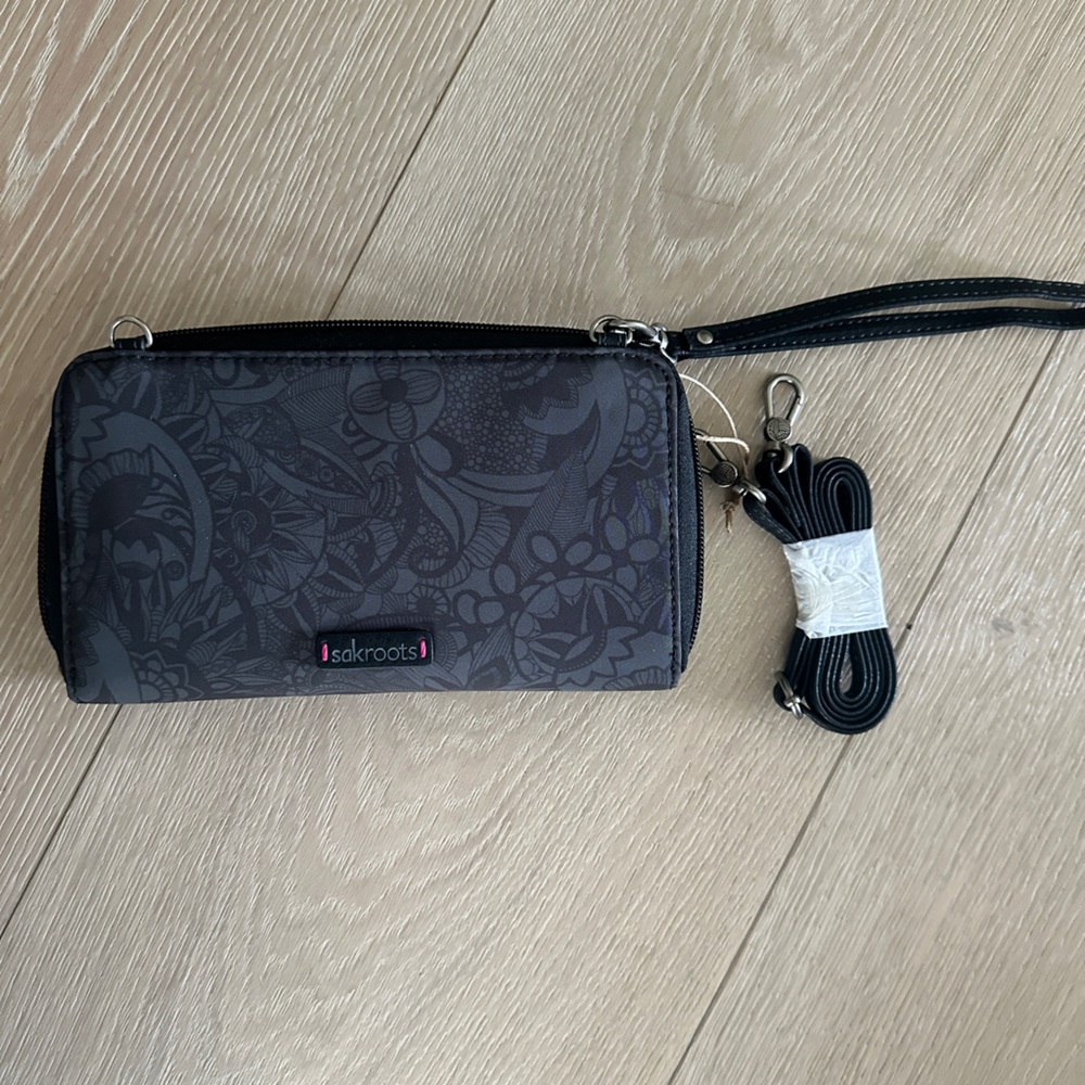 Sakroots Black Floral Wallet with Strap